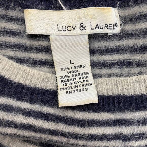 Lucy & Laurel Lambswool Sweater Mixed Striped Navy Blue & Cream Women Sz Lg - Picture 8 of 10